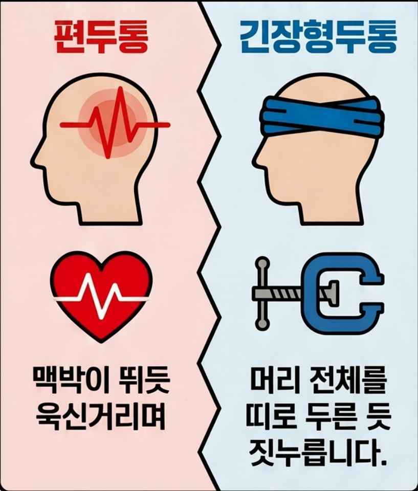 편두통 증상과 긴장성두통 증상의 가장 큰 차이 안내 이미지